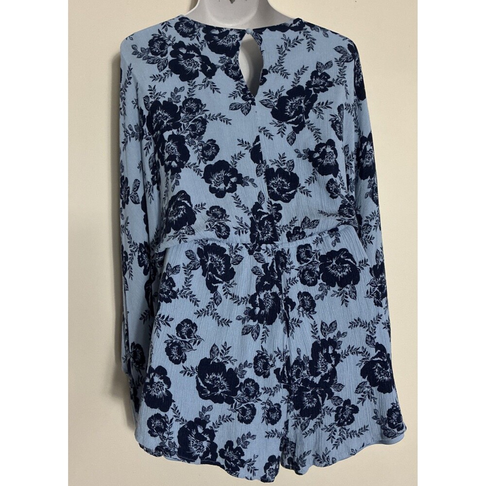 Womens Large Boho Romper Blue Floral Deep V-neck Dolman Sleeve Keyhole Button - Picture 3 of 16